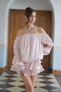 Zofia Pink Glossy Pleated Tiered Mini Dress