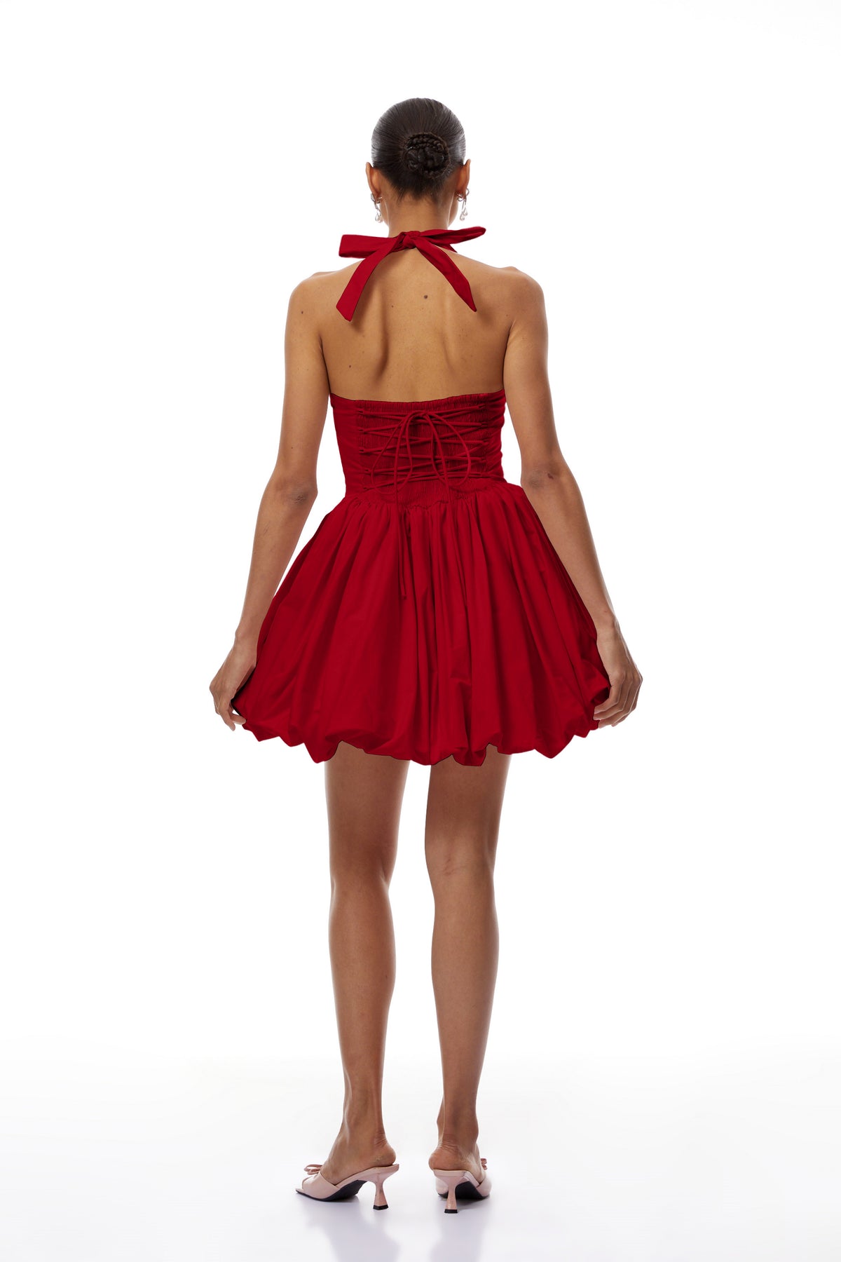 Anaelle Red Shirred Puffball Mini Dress