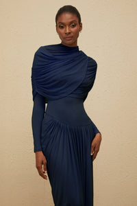 Catherine Navy-Blue Asymmetrical Pleated Long-Sleeve Maxi Dress