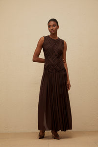 Daphné Brown Asymmetrical Braided Tulle Midi Dress
