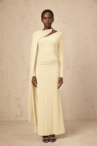 Josette Yellow Diagonal Shawl Fitted Maxi Dress