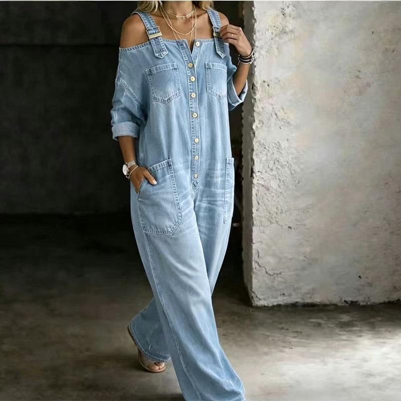 Loose Fit Wide-Leg Denim Jumpsuit with Pockets