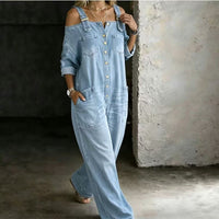 Loose Fit Wide-Leg Denim Jumpsuit with Pockets