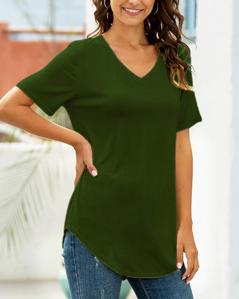 Casual V-Neck Plain Tee with Curved Hem