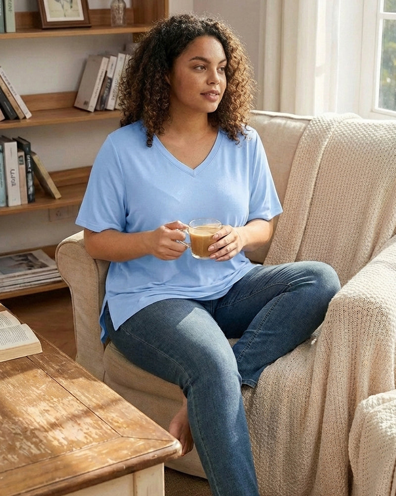 Longer Sleeve Plus Size V-Neck T-Shirt — Covers Your Arms & Hides Your Belly
