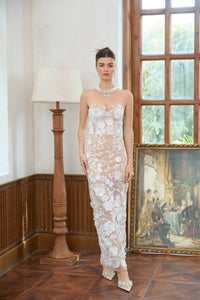 Brigitte White Floral Appliqué Corset Maxi Dress