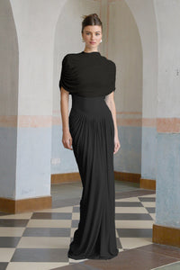 Catherine Black Asymmetrical Pleated Maxi Dress