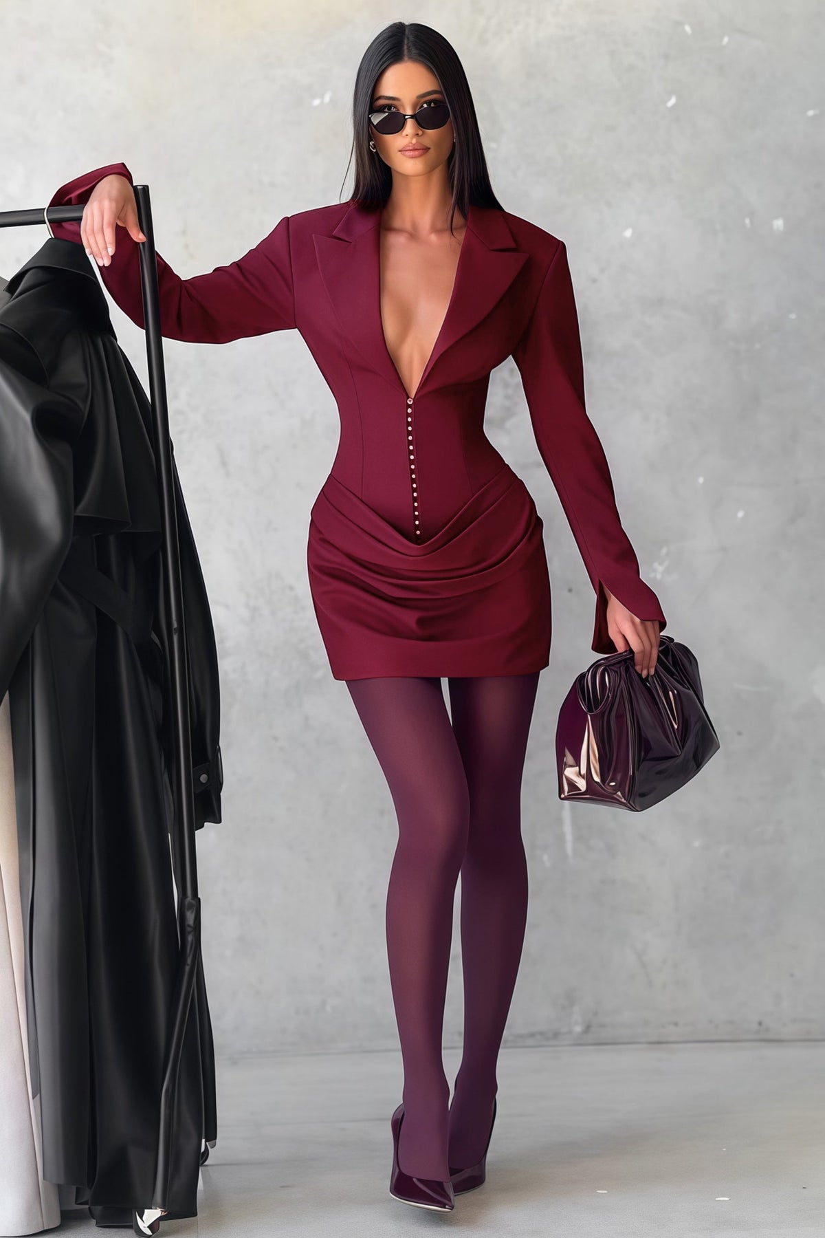 Rosette Burgundy Ruched Blazer Mini Dress