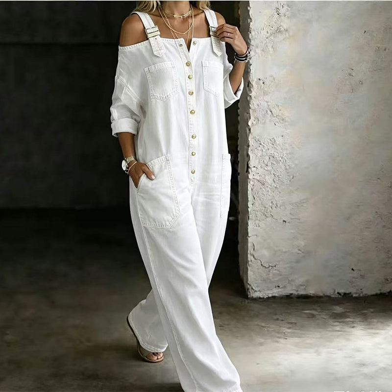 Loose Fit Wide-Leg Denim Jumpsuit with Pockets