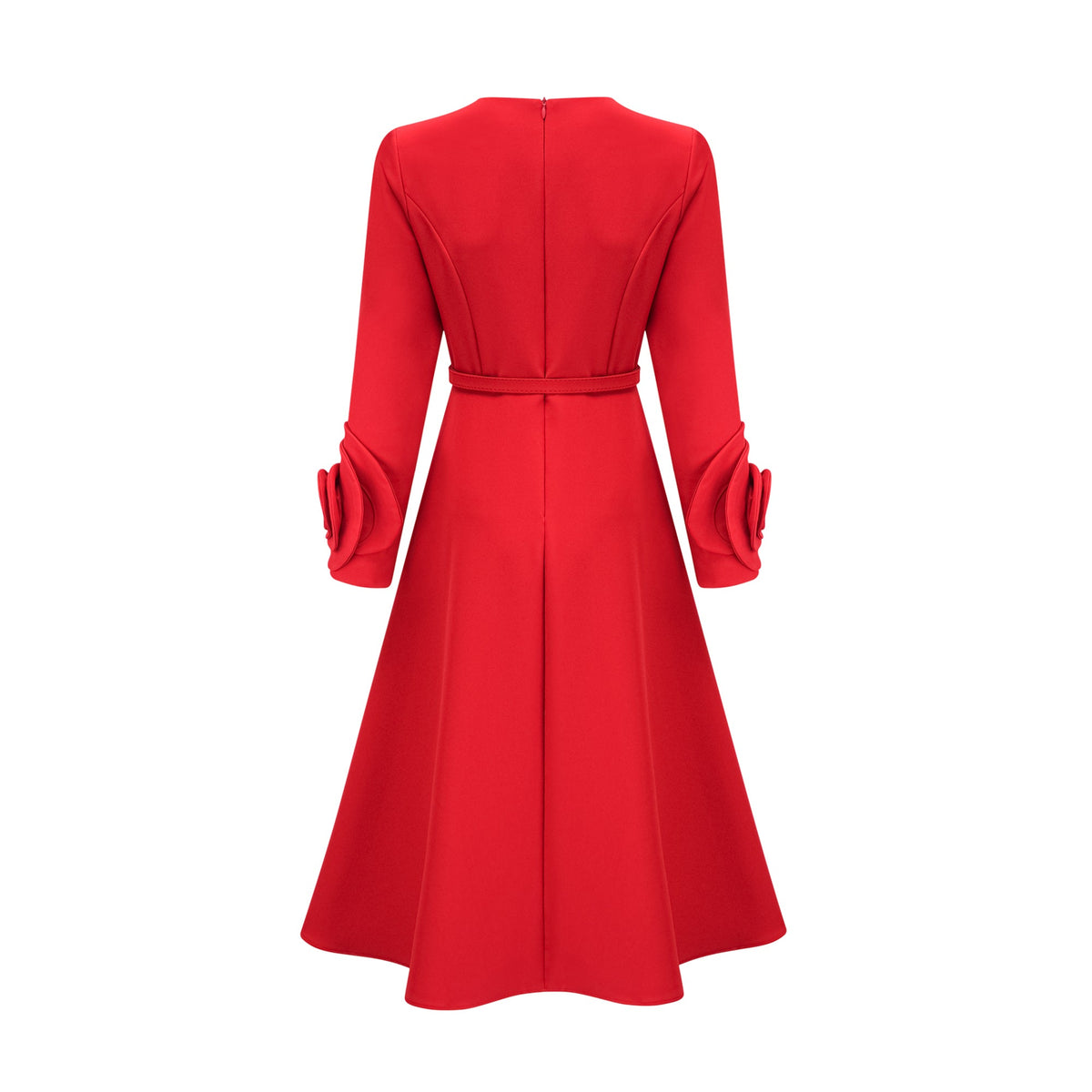 Aurelia red long-sleeve dress with floral embellishments