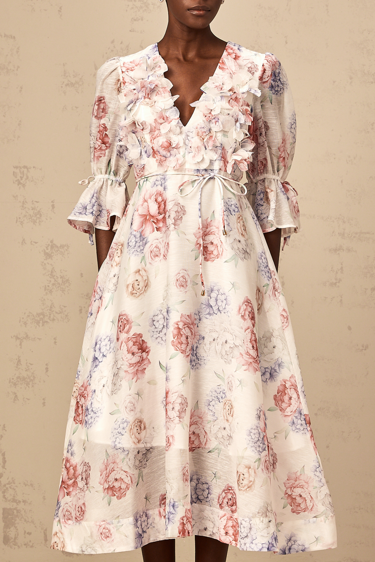 Téa 3d-petal floral-print midi dress