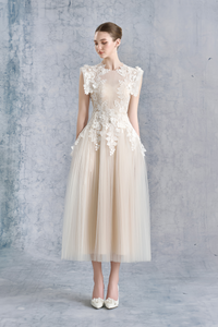 Annabelle Flower-appliqué Tulle Midi Dress (Without Belt)