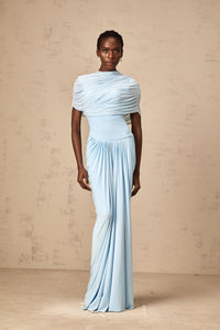 Catherine asymmetrical pleated maxi dress in Baby-blue