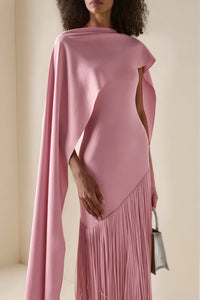 Cayetana Pink Fringe Maxi Dress with Cape Effect