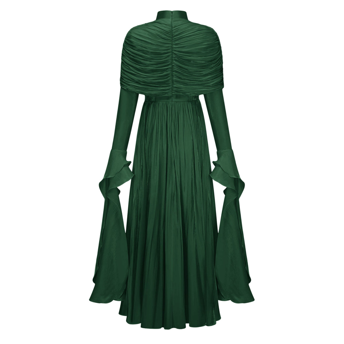Gustave Green Ruched Cape Ruffled Maxi Dress