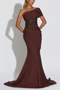 Giada Brown Sequined Asymmetrical Ruched Maxi Gown