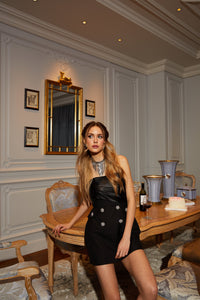 Mealla black crystal-button flared mini dress