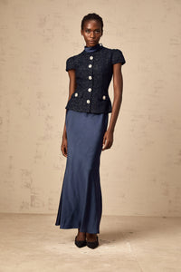 Josette blue peplum-waist panelled maxi dress