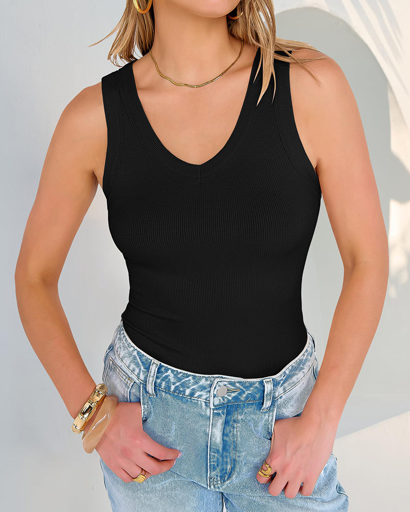 V Neck Ribbed Knit Slim Fit Tank Tops