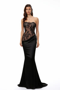 Mirela Black Lace Panel Satin Maxi Dress