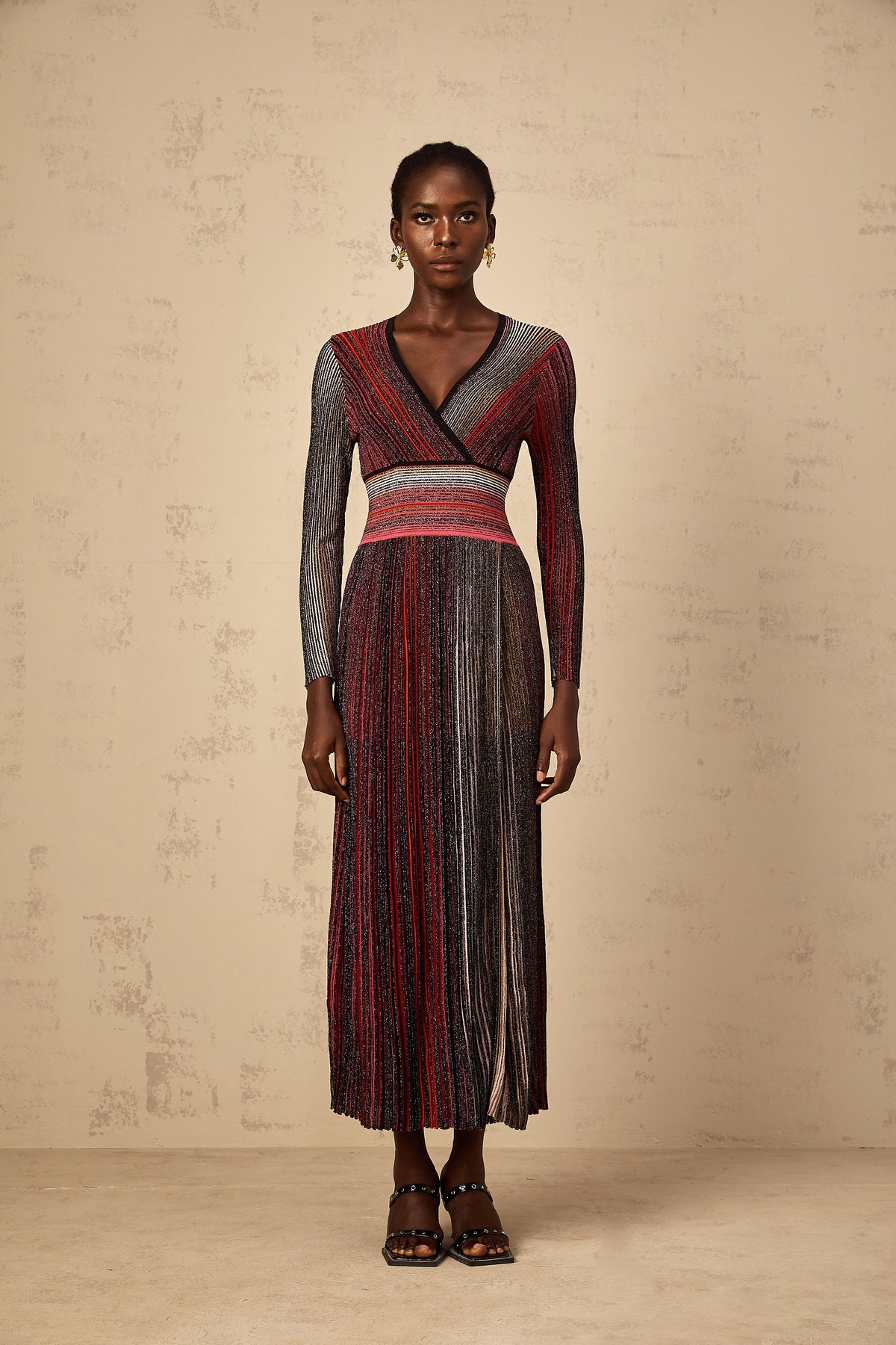 Amaryllis Red Long Sleeve Sequin Striped Knit Maxi Dress