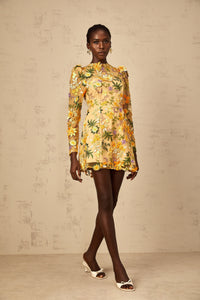 Jolien 3D Floral Appliqué Mini Dress in Yellow