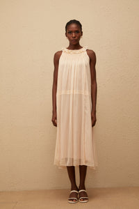 Orélie Neutral Pleated Chiffon Midi Dress