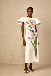 Irène White Sequin Floral Embroidered Midi Dress
