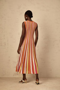 Abriana Orange Vertical Striped Knit Midi Dress