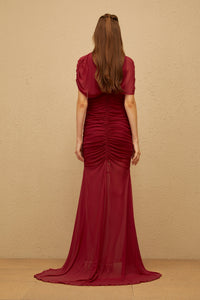 Sylphe Red Asymmetrical Ruched Mesh Maxi Dress