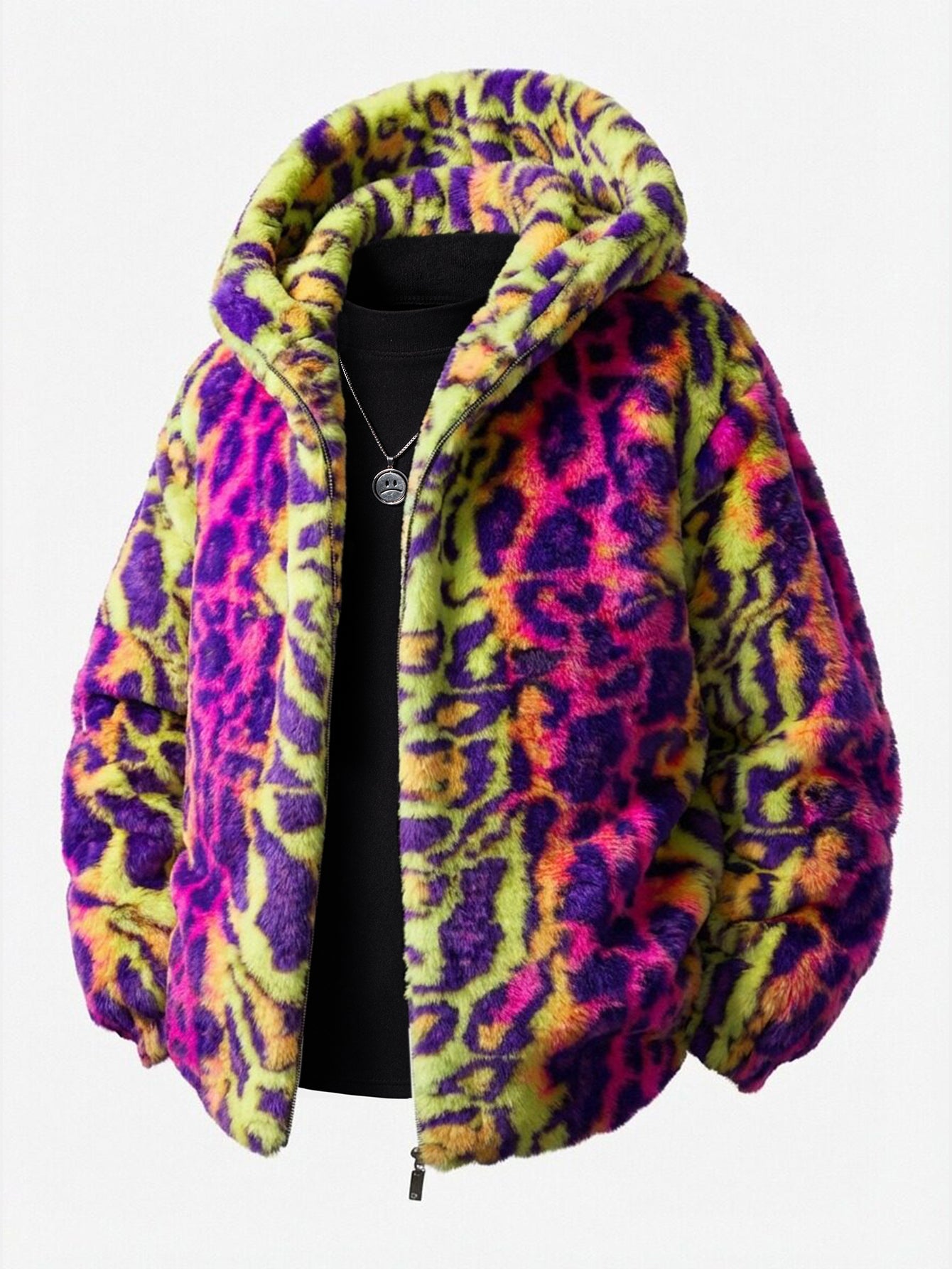 Fake fur colorful leopard-print zip-up hooded jacket