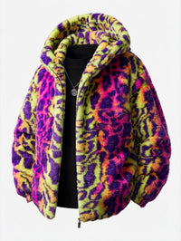 Fake fur colorful leopard-print zip-up hooded jacket