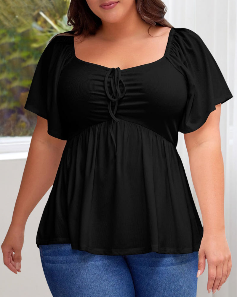 Plus Size Sweetheart Neck Short Sleeve Shirred Peplum Tops