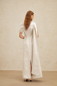 Annabelle White Cape-Design Ribbon Maxi Dress