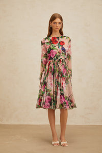 Coralie Pink Rose Print Summer Silk Midi Dress