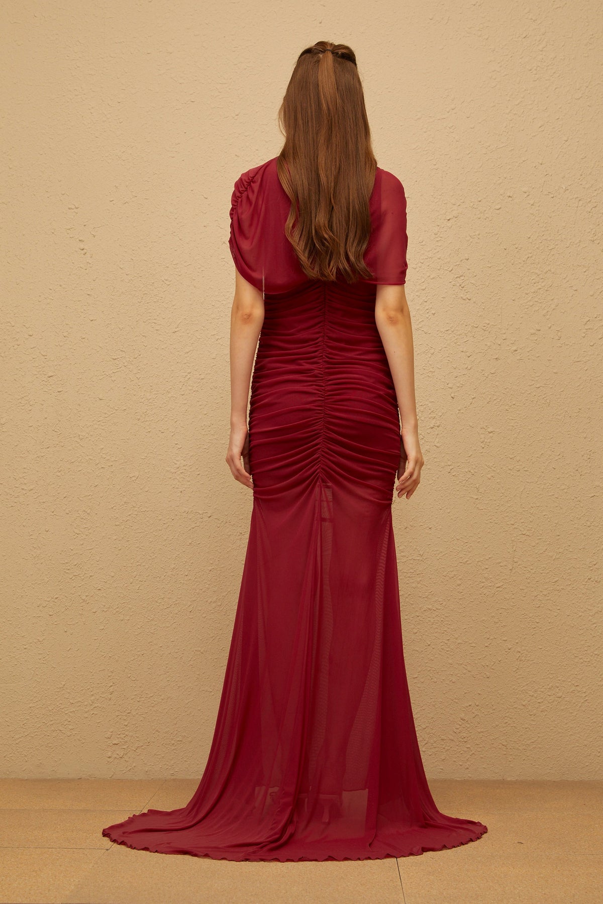 Sylphe Red Asymmetrical Ruched Mesh Maxi Dress