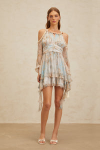 Glannon Blue Floral Print Silk Mini Dress