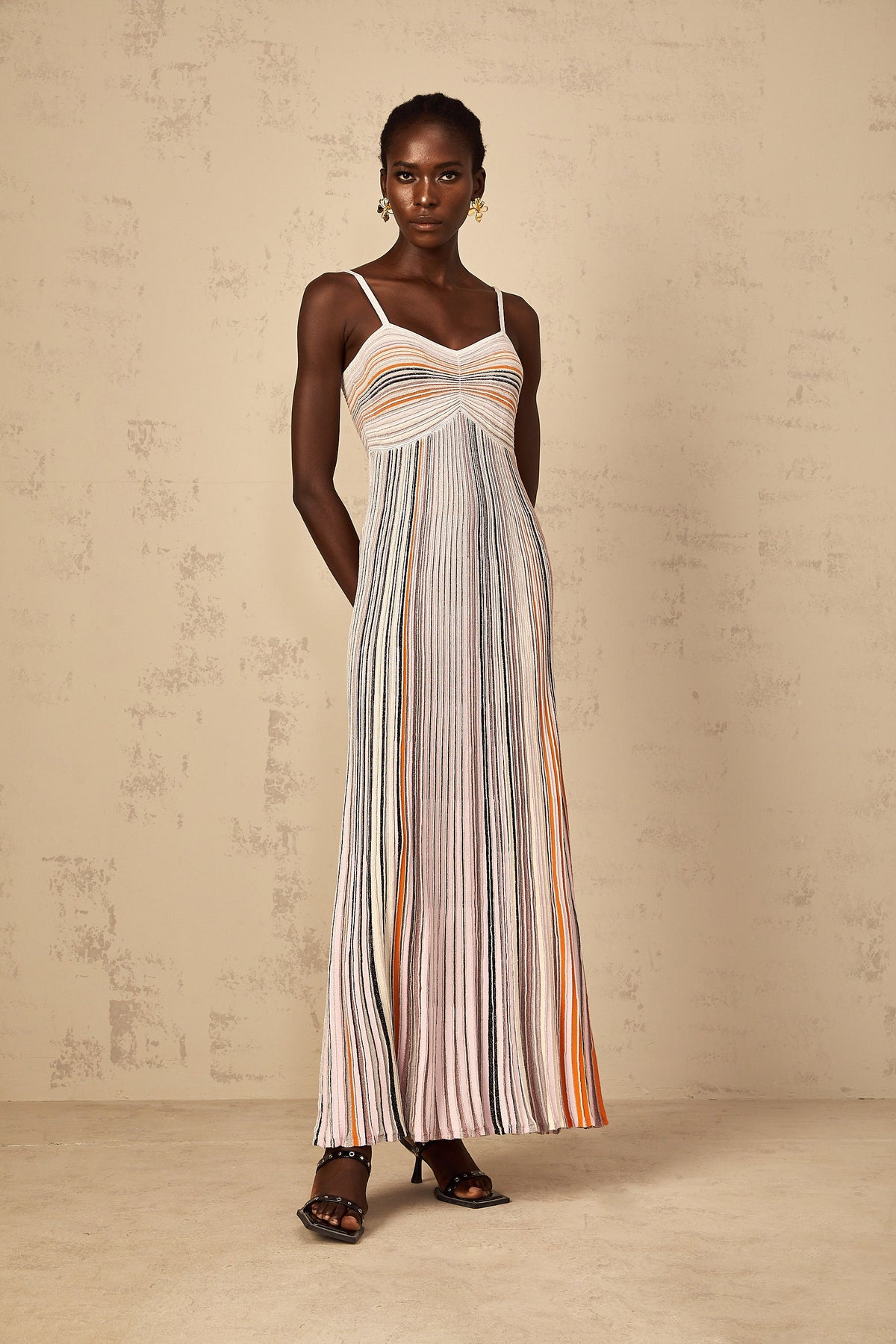 Bruyère Neutral Sequin Striped Knit Maxi Dress