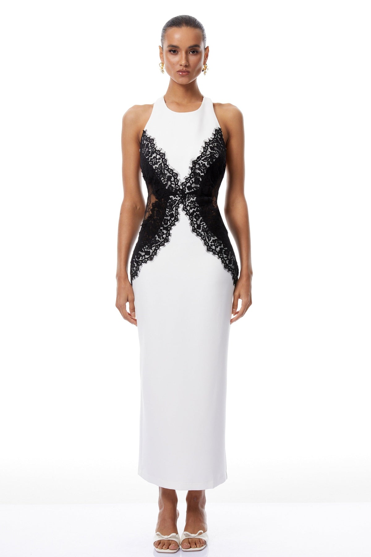 Ilaria White Halterneck Lace Panel Maxi Dress
