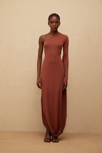 Aikaterini Brown Asymmetrical Draped Panel Midi Dress