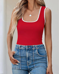 Casual Slim Fitted Color Block Ribbed Square Neck Tank Tops