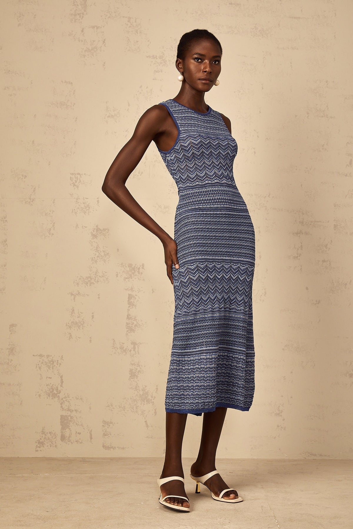 Ingrid Blue Wavy Crochet Knit Midi Dress