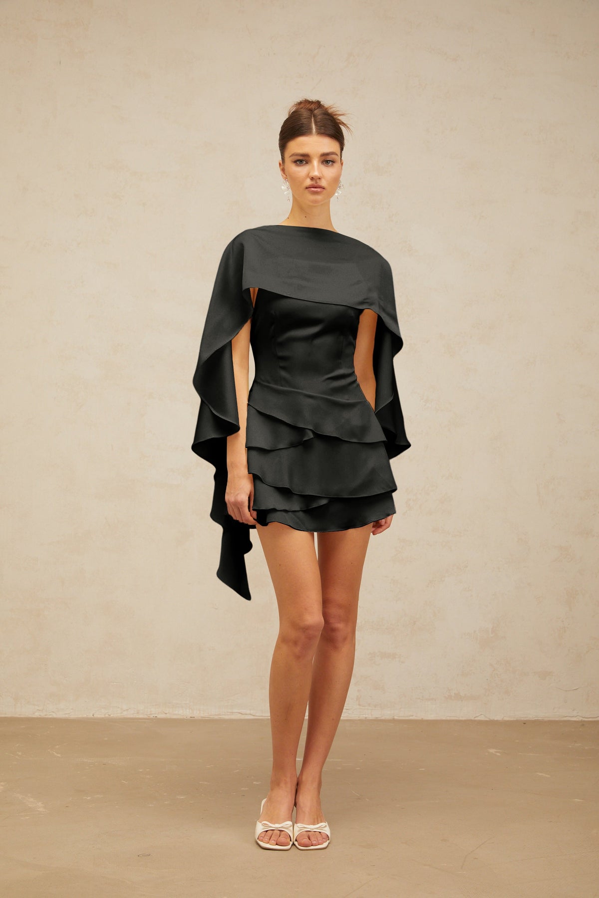 Lyna Black Satin Ruffled Mini Dress with Shawl Panel Detail