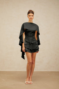 Lyna Black Satin Ruffled Mini Dress with Shawl Panel Detail