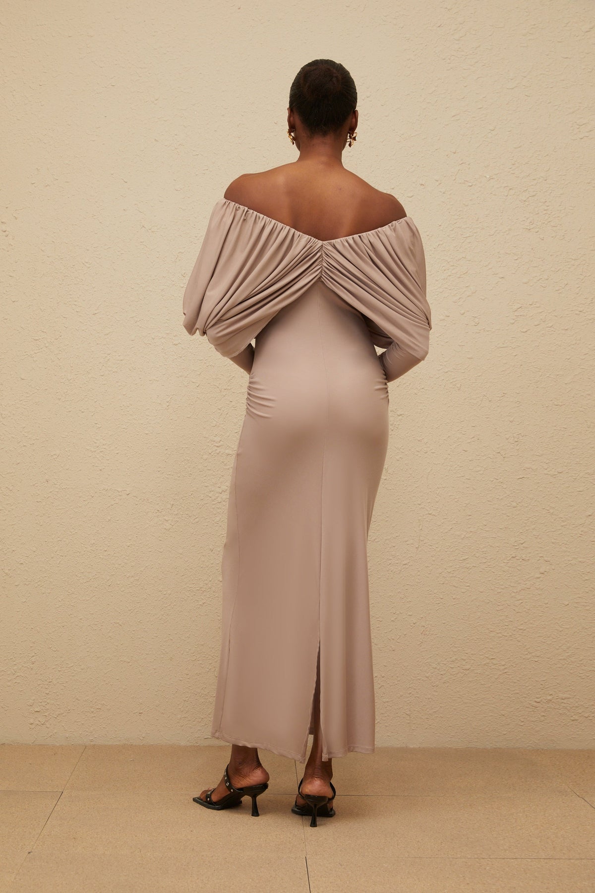 Roxane Grey Ruched Shift Midi Dress