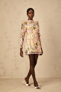Jolien 3D Floral Appliqué Mini Dress in Pink