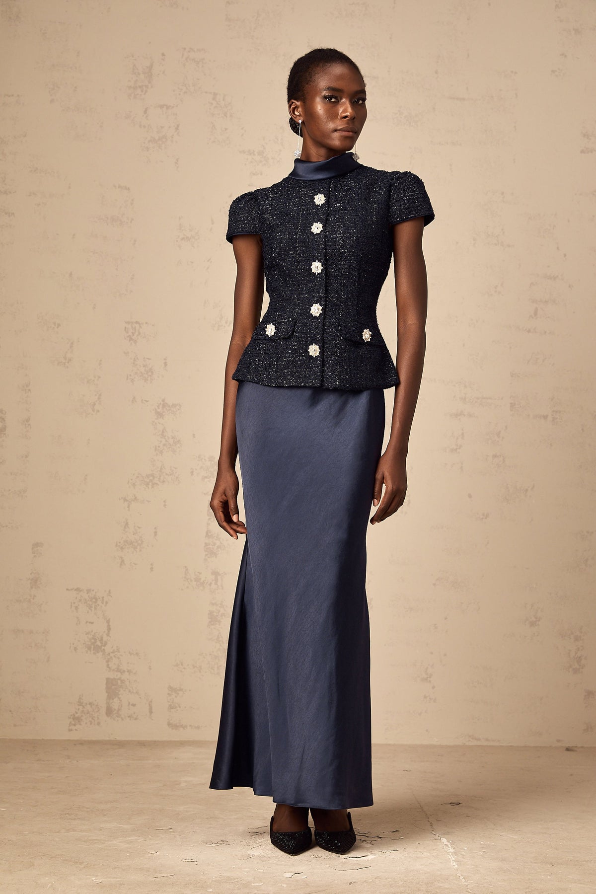 Josette blue peplum-waist panelled maxi dress