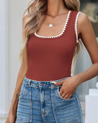 Casual Slim Fitted Color Block Ribbed Square Neck Tank Tops