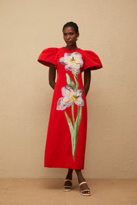Irène Red Sequined Floral Embroidered Midi Dress
