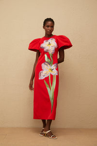 Irène Red Sequined Floral Embroidered Midi Dress